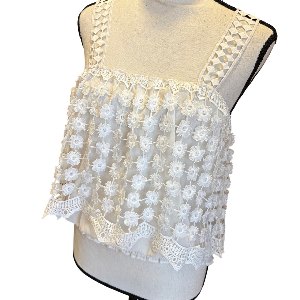 Paola Poggi White Floral Lace 3D Daisy Camisole Smocked Stretch Tank Top IT 38 S - Picture 3 of 11